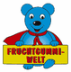 Blauer Bär mit rotem Umhang hält ein Schild mit der Aufschrift "Fruchtgummi-Welt".