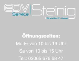 Öffnungszeiten und Telefonnummer des EDV-Service Steinig auf grauem Hintergrund.