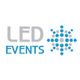 LED Events-Logo mit blauer, kreisförmiger Punktgrafik rechts.