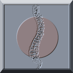 Wirbelstruktur vor einem grauen Kreis auf dunklem Hintergrund. Digitale Kunst.