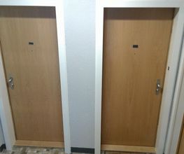 Zwei Holztüren nebeneinander in einem Flur, beide mit metallenen Türklinken.