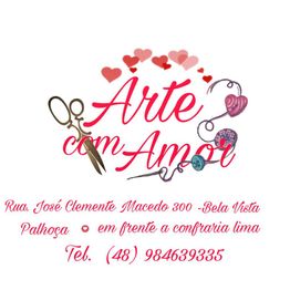 Artesanato com tesoura, linha e corações. Contato e endereço visíveis na imagem.