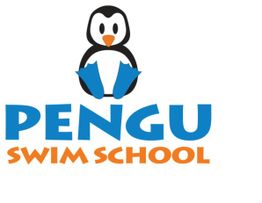 Penguin logo with "Pengu Swim School" text in blue and orange.