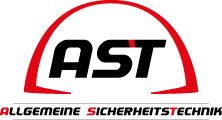 Logo von AST: Allgemeine Sicherheitstechnik in Schwarz und Rot unter einem roten Bogen.
