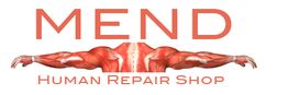 Text "MEND Human Repair Shop" above an illustration of muscular arms.