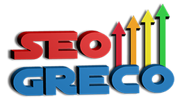 Text "SEO Greco" in bunten Buchstaben mit Pfeilen nach oben.