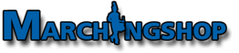 Logo mit blauem Schriftzug "MARCHINGSHOP" und Silhouette einer marschierenden Person.