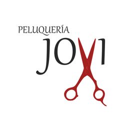 Logotipo con texto "Peluquería Jovi" y tijeras formando la letra "V".