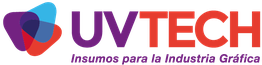 Logo de UVTECH con el texto "Insumos para la industria gráfica" y formas de colores superpuestas.
