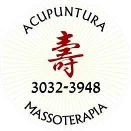Círculo com texto "ACUPUNTURA MASSOTERAPIA", número 3032-3948 e caractere chinês central.
