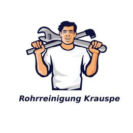 Mann mit Werkzeugen und "Rohrreinigung Krauspe" Text darunter.