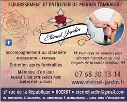 Publicité pour l'entretien de tombes "Éternel Jardin" avec contact et services offerts.
