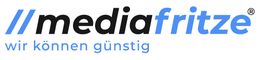Logo mit Schriftzug "mediafritze" und Slogan "wir können günstig" in Blau und Schwarz.