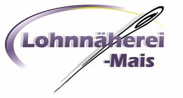 Logo mit Text "Lohnnäherei - Mais", einer Nadel und einem lila Bogen oben links.