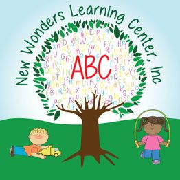 Children playing under a tree shaped like alphabet letters, labeled "New Wonders Learning Center."