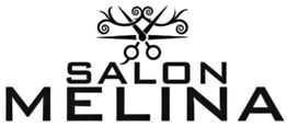 Logo for Salon Melina med saks og dekorative krøller.