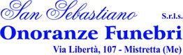 Logo blu e bianco di "San Sebastiano Onoranze Funebri" a Mistretta, indirizzo incluso.