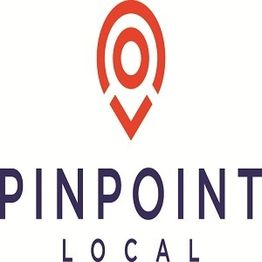 Logo with red location pin and text "Pinpoint Local" in purple below it.