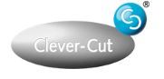 Logo mit Schriftzug "Clever-Cut" auf grauem Oval, daneben blaues Icon mit weißen, verschlungenen Linien.