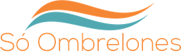 Logo com texto "Só Ombrelones" e linhas curvas laranja e azul acima.