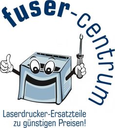 Cartoon-Drucker mit Daumen hoch und Schraubenzieher, Text: "fuser-centrum, Laserdrucker-Ersatzteile".