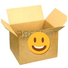 Caja de cartón abierta con un emoji sonriente enfrente.