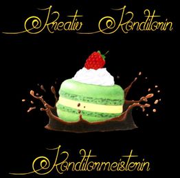 Grünes Macaron mit Sahne und Himbeere, umgeben von Schokoladenspritzern, Text: "Kreativ Konditorin".
