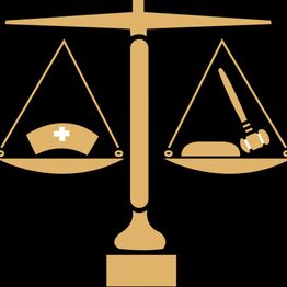 Scales of justice with a nursing cap and gavel on each side.