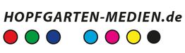 Text "HOPFGARTEN-MEDIEN.de" mit sechs bunten Kreisen darunter in Rot, Grün, Blau, Cyan, Magenta, Schwarz.