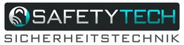 Logo mit "SafetyTech" und "Sicherheitstechnik" in modernem Design auf schwarzem Hintergrund.