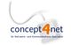 Logo mit Schriftzug "concept4net", darunter "Ihr Netzwerk- und Kommunikations-Spezialist".