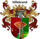 Wappen mit Helm, Krone, roten Ornamenten, Name "Hillebrand" und drei Pinseln im unteren Teil.