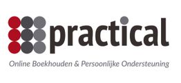 Logo met tekst: "Practical - Online Boekhouden & Persoonlijke Ondersteuning" met gekleurde stippen.