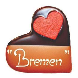 Schokoladenherz mit rotem Zuckerherz und Schriftzug "Bremen".
