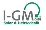 Logo mit Text "I-GM OHG" und "Solar & Heiztechnik" in Grau und Grün, grüner Pfeil um M.