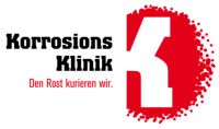 Logo der Korrosions-Klinik mit dem Slogan "Den Rost kurieren wir" und rotem Design.