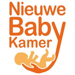 Oranje tekst "Nieuwe Baby Kamer" met een silhouet van een baby in een hand.