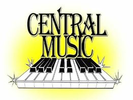 "Central Music" text above a piano keyboard with a yellow glow and decorative stars.
