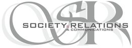 Logo mit Schrift: "Society Relations & Communications", stilisierte Buchstaben "SR" im Hintergrund.