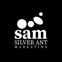 Logo with text "SAM Silver Ant Marketing" and abstract shapes on a black background.