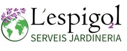 Logo de L'espigol², serveis jardineria, con un globo terráqueo y ramas moradas.