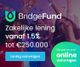 Feestende mensen, tekst: BridgeFund zakelijke lening vanaf 1.5% tot €250.000. Online aanvragen.
