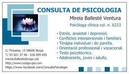 Tarjeta de psicología de Mireia Ballesté Ventura con servicios y datos de contacto.