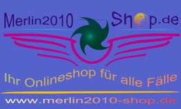 Blaues Logo mit Text "Merlin2010 Shop.de" und "Ihr Onlineshop für alle Fälle" darauf.