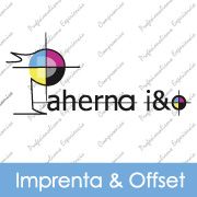 Logo de Aherna i&o con fondo azul, texto "Imprenta & Offset" en blanco.