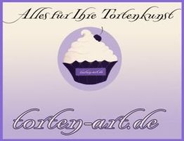 Kuchenlogo mit Sahnehäubchen und Kirsche, Text: "Alles für Ihre Tortenkunst, torten-art.de".