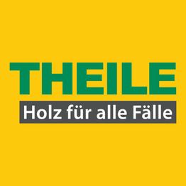 Gelbes Logo mit grünem Text "THEILE" und darunter "Holz für alle Fälle" in weiß auf grauem Grund.
