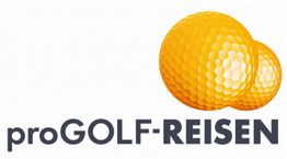 Logo mit gelben Golfbällen und Text: "proGOLF-REISEN" in modernen Buchstaben.
