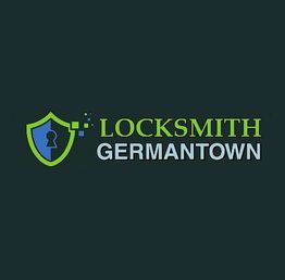Shield logo with keyhole and text: "LOCKSMITH GERMANTOWN" in green and blue on dark background.