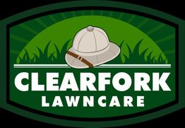 "Green logo with a safari hat and the text 'CLEARFORK LAWNCARE' in bold white letters."